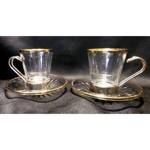 Vtg Fidenza Espresso Cups & Sauces, Clear Glass With Gold Trim Accents Set Of 2